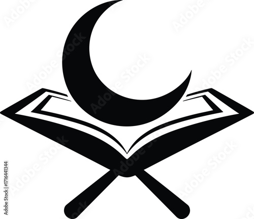 Islamic crescent moon and open holy book symbol