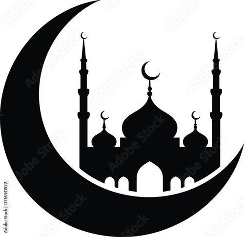 Silhouette of a mosque and crescent moon