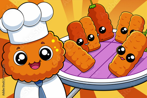 Adorable Cartoon Chef Serving Crispy Fish Sticks A Fun Food Illustration