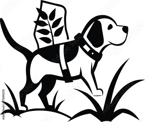 Stylized Black and White Illustration of a Beagle Dog with Wings and Wheat Stalks in Tall Grass animal
