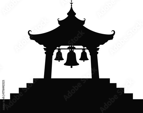 Silhouette of a traditional pagoda with bells and steps