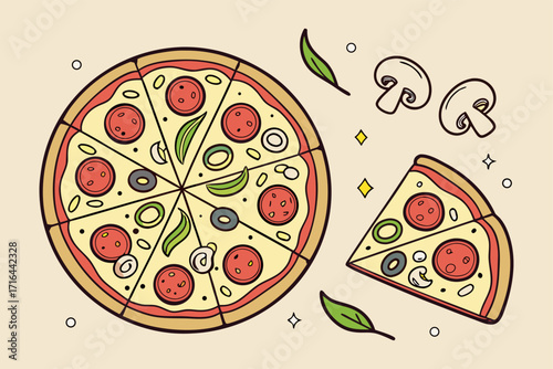 A delicious and colorful cartoon illustration of a sliced pepperoni pizza with mushrooms and olives, perfect for food-related designs and marketing campaigns, evoking a sense of enjoyment and flavor