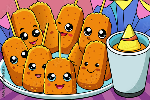 Adorable Corn Dogs A Cute Cartoon Illustration of Crispy Fried Corn Dogs with Dipping Sauce