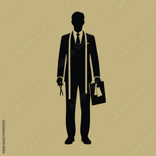 Silhouette of a professional tailor holding scissors and a clipboard wearing a suit and measuring tape around neck
