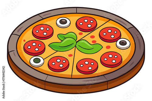 Delicious Pepperoni Pizza with Fresh Basil and Olives, a Mouthwatering Italian Fast Food Classic, Perfect for Pizzeria Menus or Food-Related Graphics