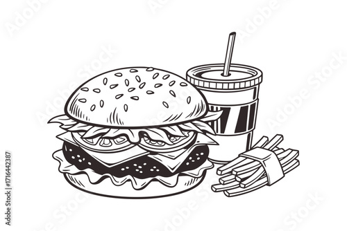Delicious Hand-Drawn Illustration of a Classic Burger Combo Burger, Fries, and Soda