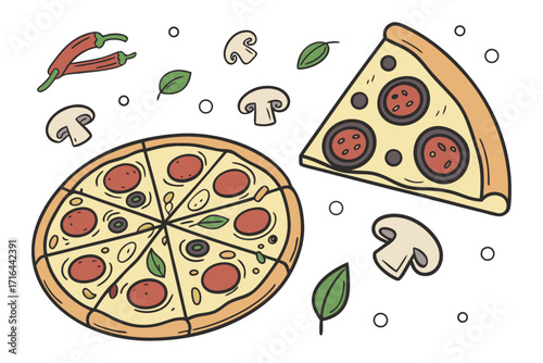Delicious Pizza with Pepperoni, Mushrooms, and Basil Illustration A Mouthwatering Fast Food Treat for Food Lovers