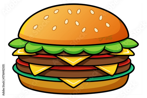 Delicious Cartoon Hamburger with Cheese, Lettuce, and Tomatoes, Perfect for Fast Food Illustrations and Kids' Menus