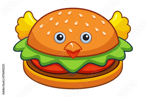 Cute cartoon chicken burger character with little wings and a beak, a funny fast food mascot illustration for a restaurant or kids menu design