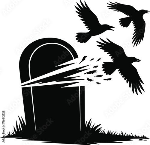 Silhouette of crows flying away from a tombstone with grass
