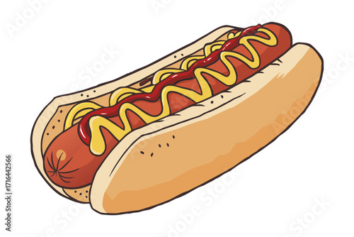 Delicious Hot Dog with Mustard and Ketchup - A Classic Fast Food Treat Illustration for Food Lovers and Culinary Art Enthusiasts