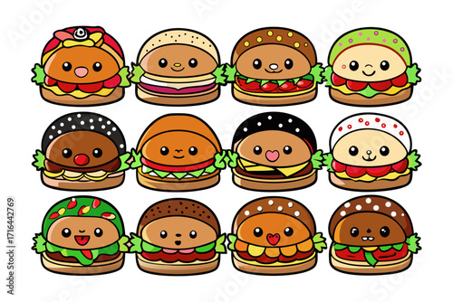 Adorable Cartoon Burgers A Fun and Colorful Illustration Showcasing Delicious, Cheerful Characters of Sandwiches, Perfect for Fast Food or Food-Related Projects