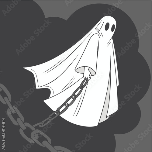 Scary Ghost Holding Chain Illustration on Dark Background
