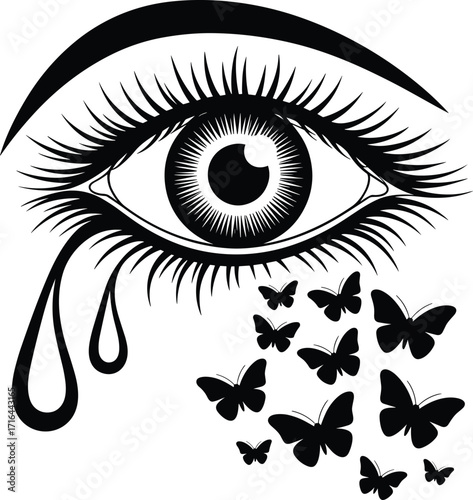 Tearful eye with butterflies emerging from a tear