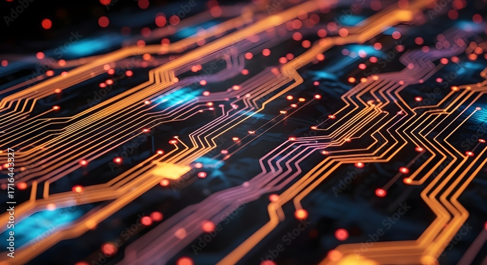 Fototapeta premium Futuristic 3D circuit board with glowing electronic components. Advanced computing and server hardware technology. A CPU processing complex data on a glowing motherboard.