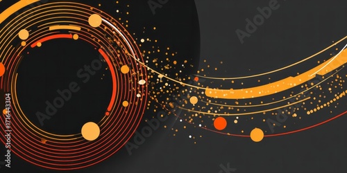 A dynamic design featuring concentric circles and flowing lines in orange and red hues, set against a dark background.