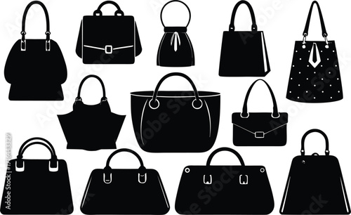 Collection of diverse black handbags and purses in a clean illustration style