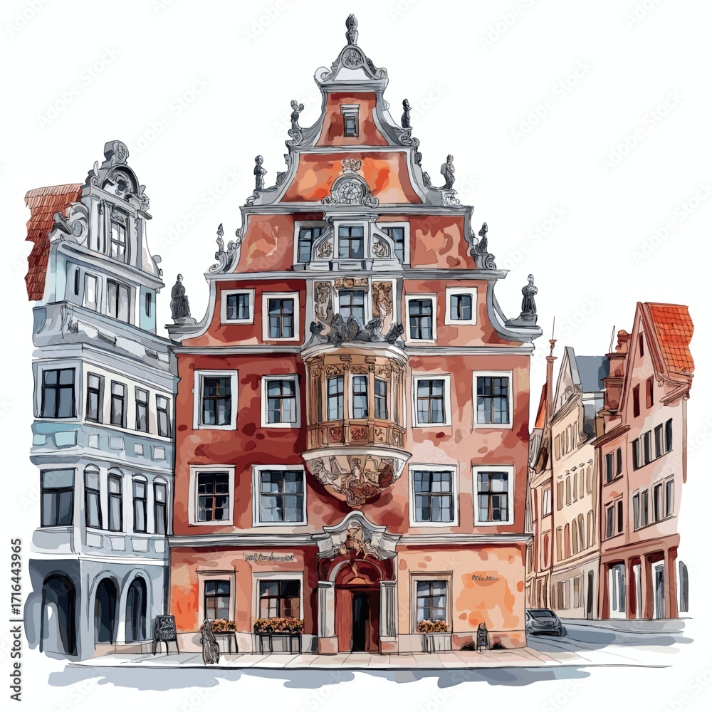 Fototapeta premium House of the Blackheads. House of the Blackheads watercolor vector illustration