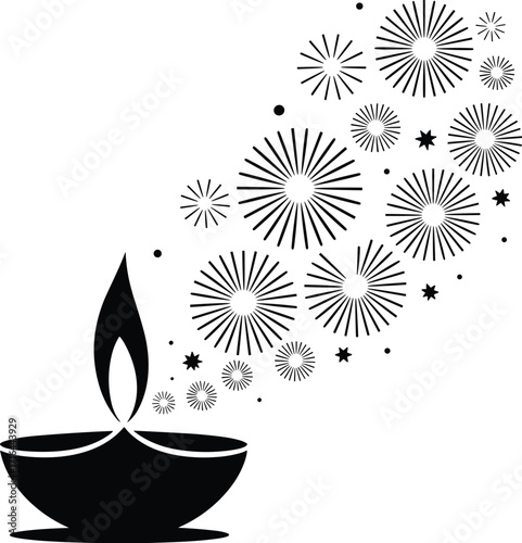 Diya lamp with radiating light and firework bursts