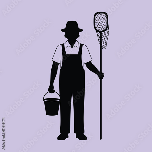 Silhouette of a person wearing overalls and a hat holding a bucket and a long-handled net on a purple background