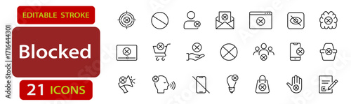 Blocked line icons. Editable stroke vector set for warning, restriction and error messages