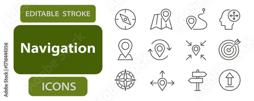 Navigation line icons. Editable stroke vector set for maps and location interface