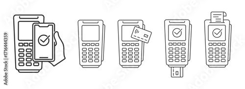 Payment terminal line icons. Editable stroke vector set for banking and POS interface