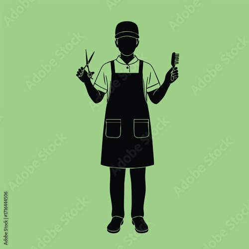 Silhouette of a professional hairstylist holding scissors and a comb wearing apron and cap on green background
