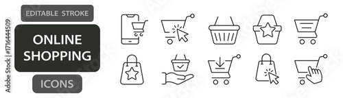 Online shopping line icons. Editable stroke vector set with carts, bags, and checkout