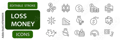 Loss of money line icons. Editable stroke vector set for finance, crisis, and economy