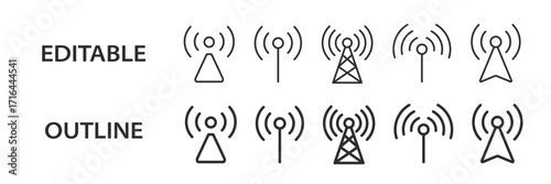 Signal tower line icons. Editable stroke vector set for wifi, communication, and network design