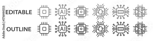 Processor and AI line icons. Editable stroke vector set for chip, neural network, and tech interface