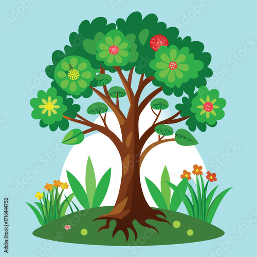Vibrant collection of diverse trees and plants in a stylized colorful vector illustration