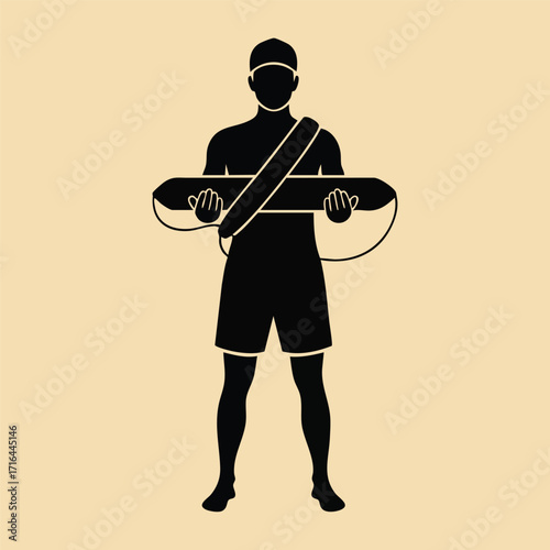Silhouette of a lifeguard standing upright holding a rescue tube with a strap across the chest on beige background
