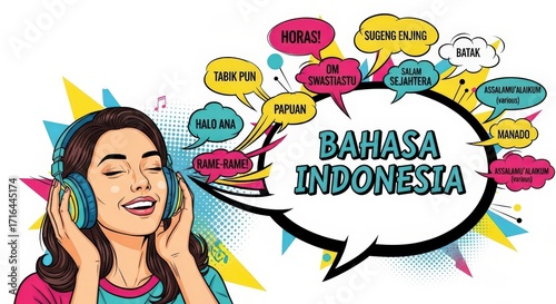 Woman Learning Indonesian Language with Headphones and Speech Bubbles.
