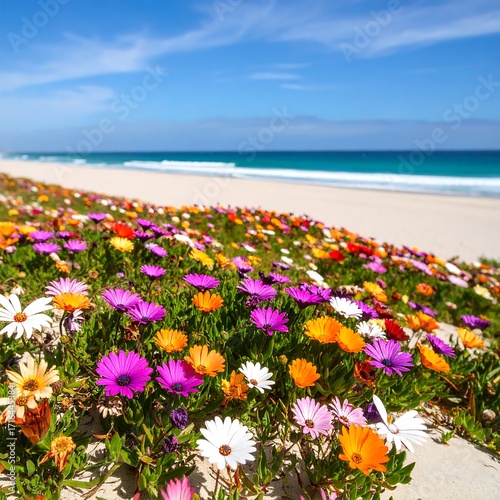 Vibrant flowers carpet a beach