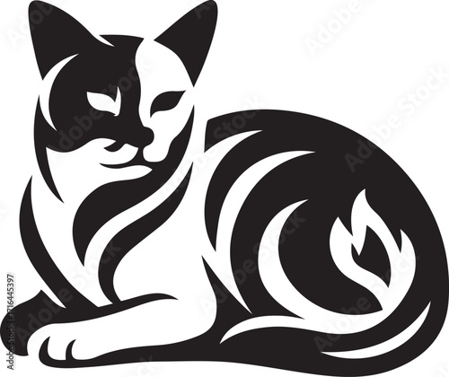 Stylized cat lying down with patterned fur, Black and white tribal feline vector