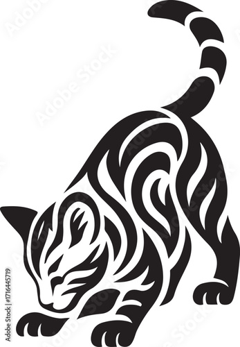 Black and white tribal cat playful crouch, Feline silhouette in stylized design