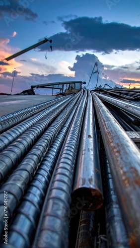 Steel reinforcement bars stacked on a construction site at sunset