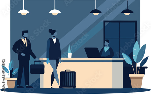 Business people at hotel reception desk checking in or out