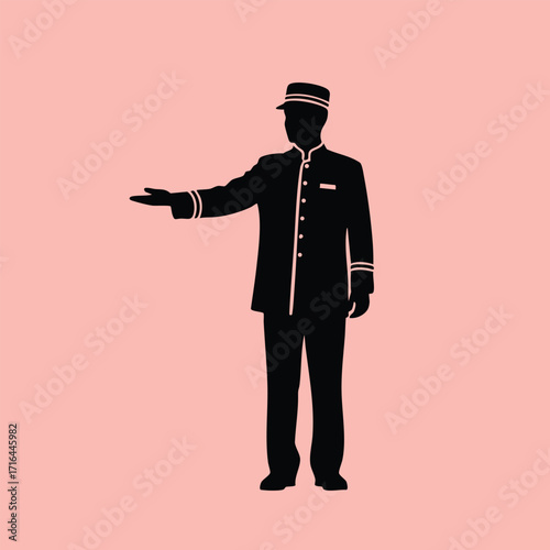 Silhouette of a hotel bellhop in uniform gesturing with an outstretched arm on a pink background