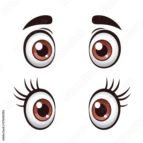 A vibrant flat 2D vector illustration showcases a funny cartoon eyes set, widely open and expressing surprise or curiosity against a clean white background.