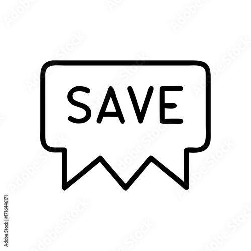 Save icon in black outline design with speech bubble format  