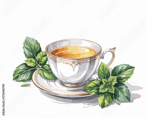 A cup of hot herbal tea with fresh mint leaves, watercolor illustration