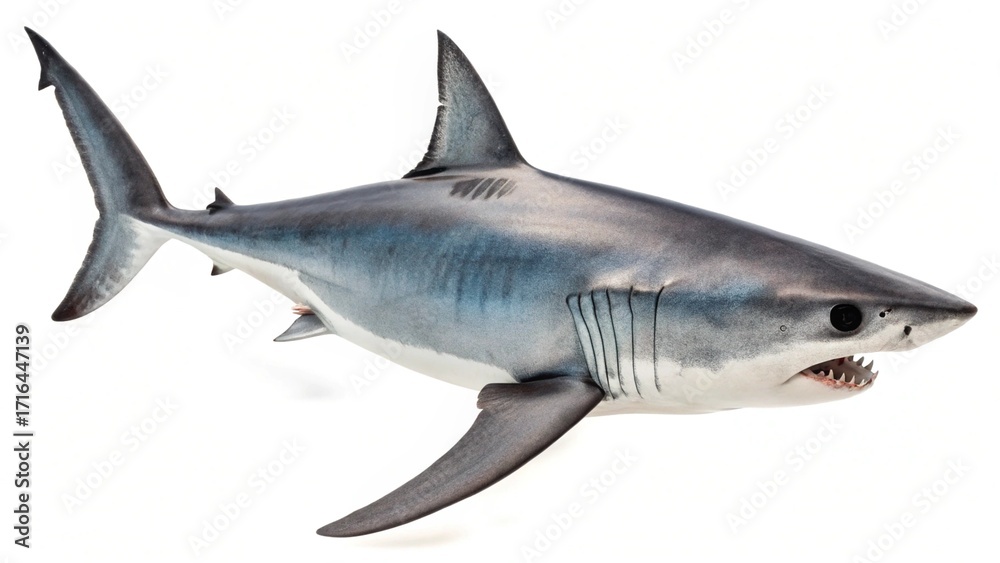 Fototapeta premium Longfin Mako Shark with sleek body and long fins displayed on a clean white studio background, sharp focus, and professional studio lighting