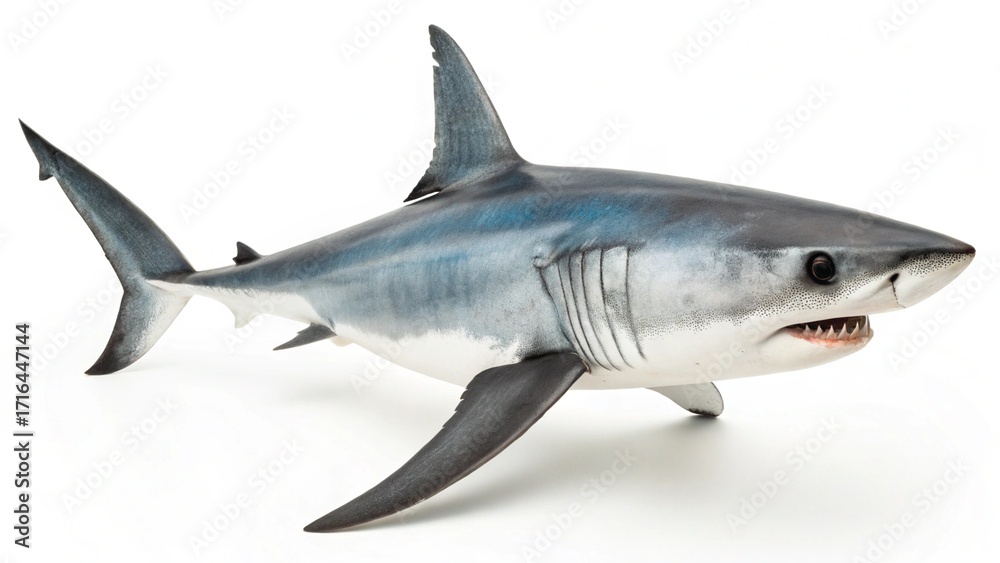 Obraz premium Longfin Mako Shark with sleek body and long fins displayed on a clean white studio background, sharp focus, and professional studio lighting