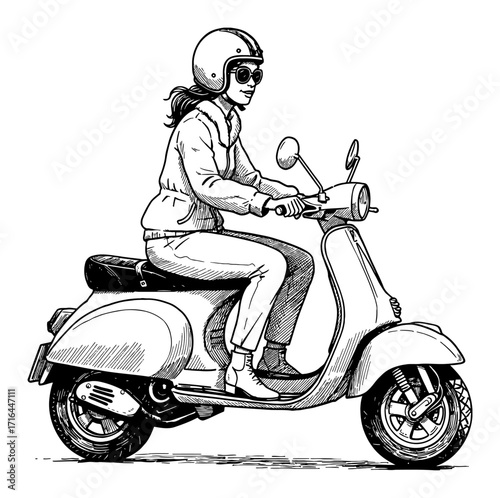 Woman Riding Classic Vespa Scooter Wearing Helmet Sunglasses Side View Black and White Outline Line Art Drawing