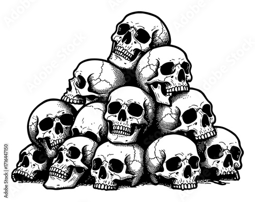 Detailed Pile of Human Skulls Stacked Black and White Outline Line Art Drawing Horror Theme