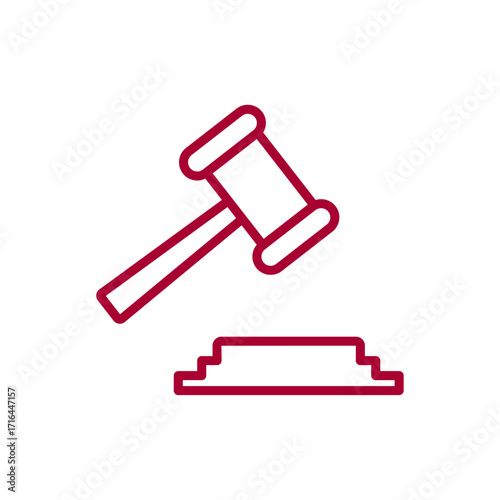 Minimalist red outline icon of a judge's hammer and block for concepts of law and justice