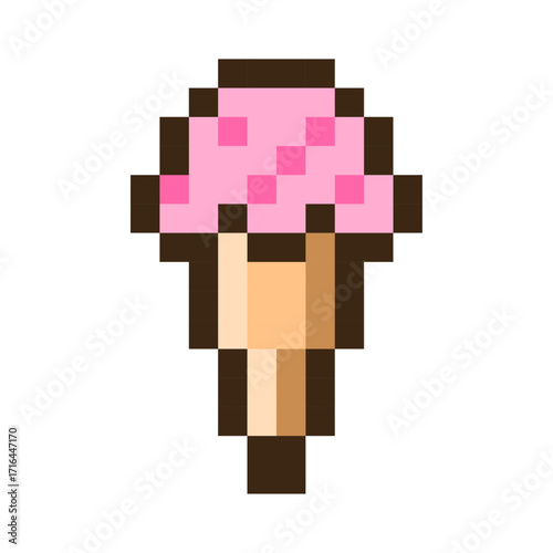 Pink pixelated ice cream cone on a white background in a simple illustration